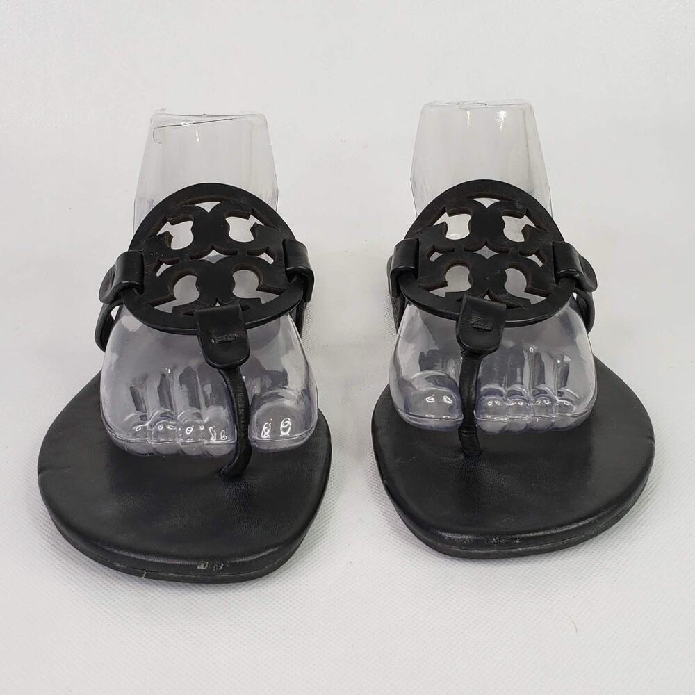Tory Burch Miller Sandals Womens 9.5 Black Leather Logo Thong Flip Flop Shoes - Picture 4 of 10